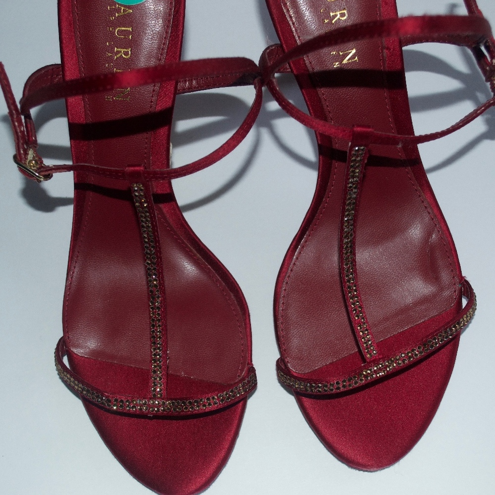 Ralph Lauren T-Strap Maroon Satin Heels